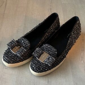 Salvatore Ferragamo Elegant Black Tweed Loafers with Bow Accent 7.5